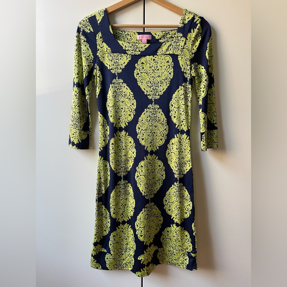 Vintage Y2K Lilly Pulitzer Silk Knit Newport Navy Blue Green Resort Medallion 0